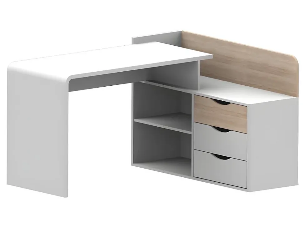 Bureau d'angle DECLAN II - MDF - 3 tiroirs & 2 niches - Coloris : Blanc & Chêne