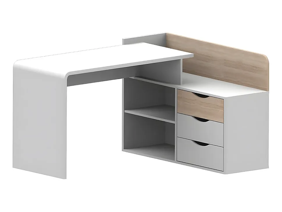 Bureau d'angle DECLAN II - MDF - 3 tiroirs & 2 niches - Coloris : Blanc & Chêne