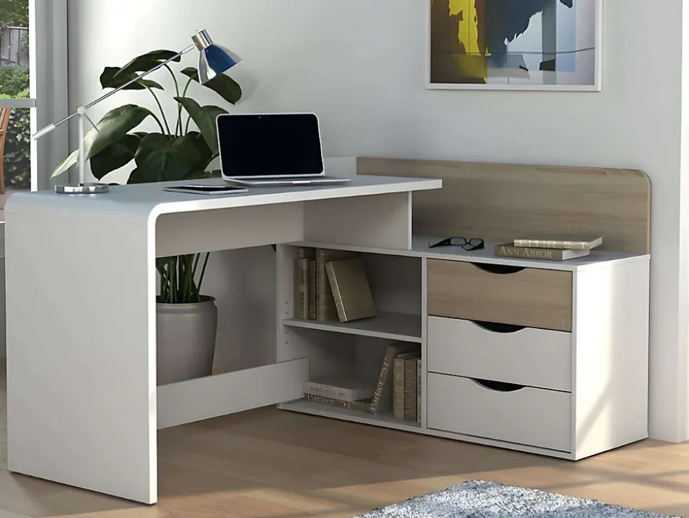 Bureau d'angle DECLAN II - MDF - 3 tiroirs & 2 niches - Coloris : Blanc & Chêne