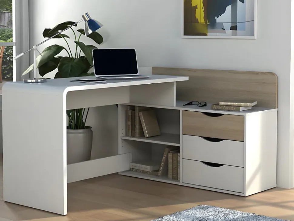 Bureau d'angle DECLAN II - MDF - 3 tiroirs & 2 niches - Coloris : Blanc & Chêne