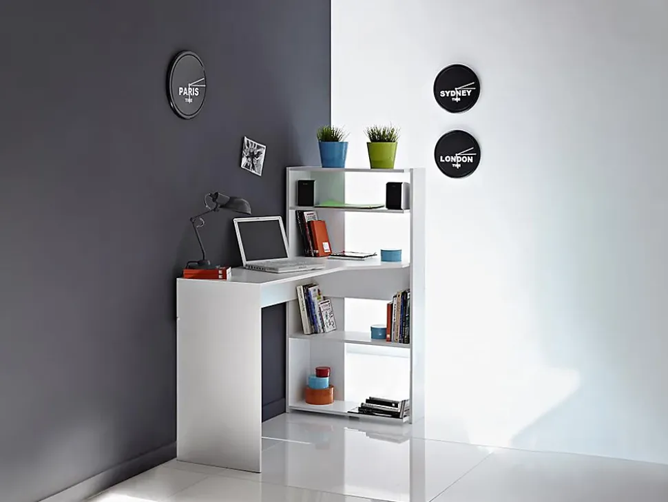 Bureau d'angle DELFINO - 4 étagères - Blanc