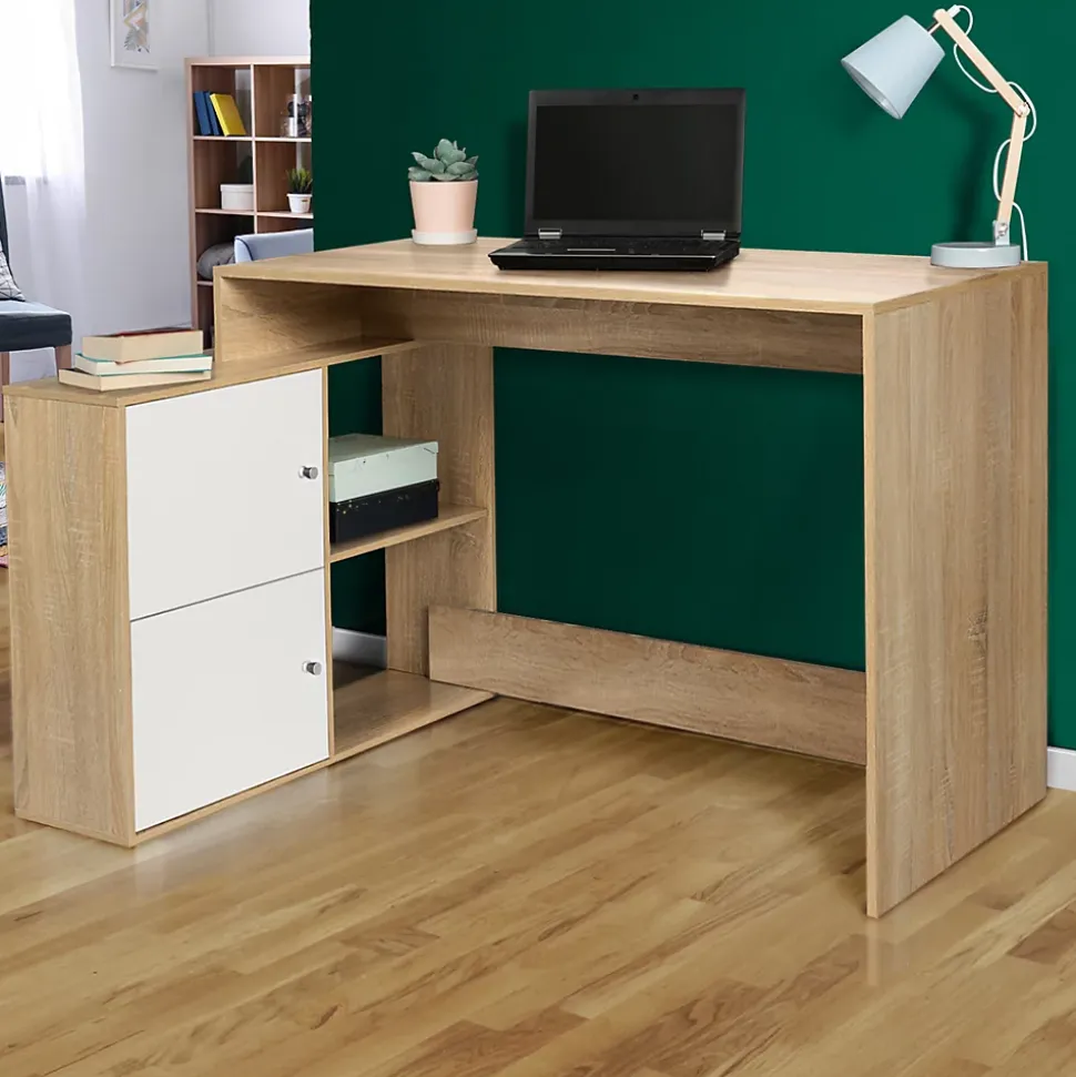 Bureau d'angle en forme de L BOB avec portes façon hêtre et blanc