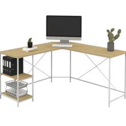 Bureau d'angle en forme de L DETROIT design industriel bois et métal blanc