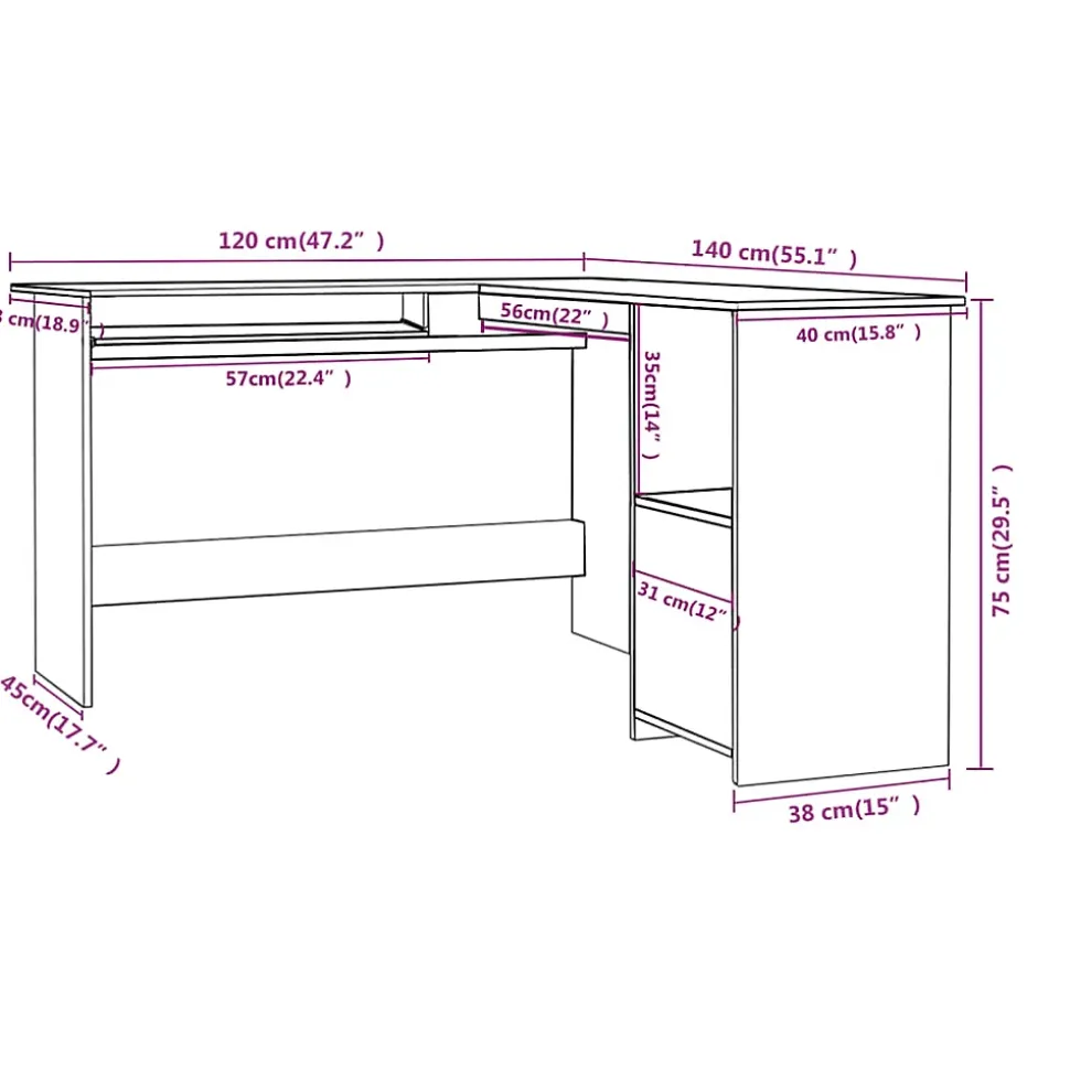 Bureau d'angle en forme de L Blanc 120x140x75 cm vidaXL