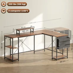 Bureau d'angle en L - Table de travail réversible avec compartiments et support moniteur, bois marron, 168x120x90 cm