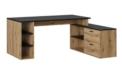 Bureau d'angle en mélamine coloris imitation chêne rustique / noir - Longueur 183 x profondeur 141 x Hauteur 75 cm