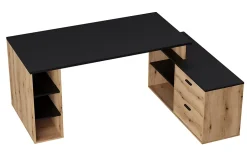 Bureau d'angle en mélamine coloris imitation chêne rustique / noir - Longueur 183 x profondeur 141 x Hauteur 75 cm