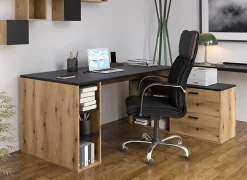Bureau d'angle en mélamine coloris imitation chêne rustique / noir - Longueur 183 x profondeur 141 x Hauteur 75 cm