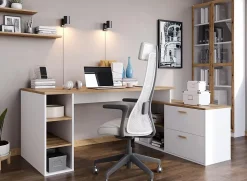 Bureau d'angle en mélamine coloris imitation chêne artisan / blanc - Longueur 183 x profondeur 141 x Hauteur 75 cm