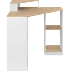 Bureau d'angle HARRY blanc et façon hêtre gain de place bureau informatique avec rangements
