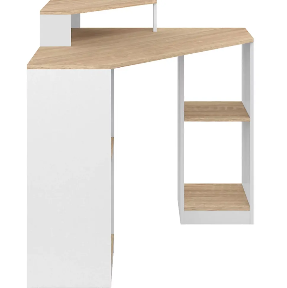 Bureau d'angle HARRY blanc et façon hêtre gain de place bureau informatique avec rangements