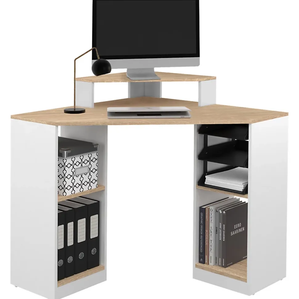 Bureau d'angle HARRY blanc et façon hêtre gain de place bureau informatique avec rangements