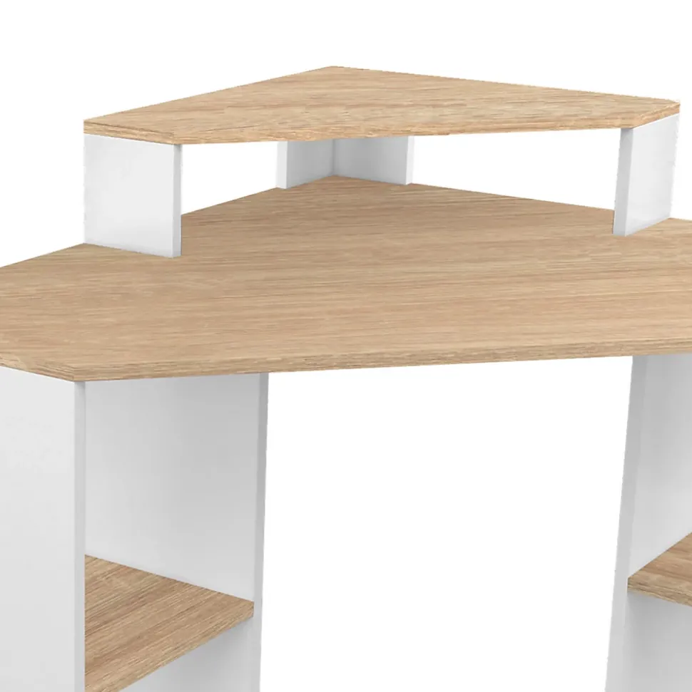 Bureau d'angle HARRY blanc et façon hêtre gain de place bureau informatique avec rangements