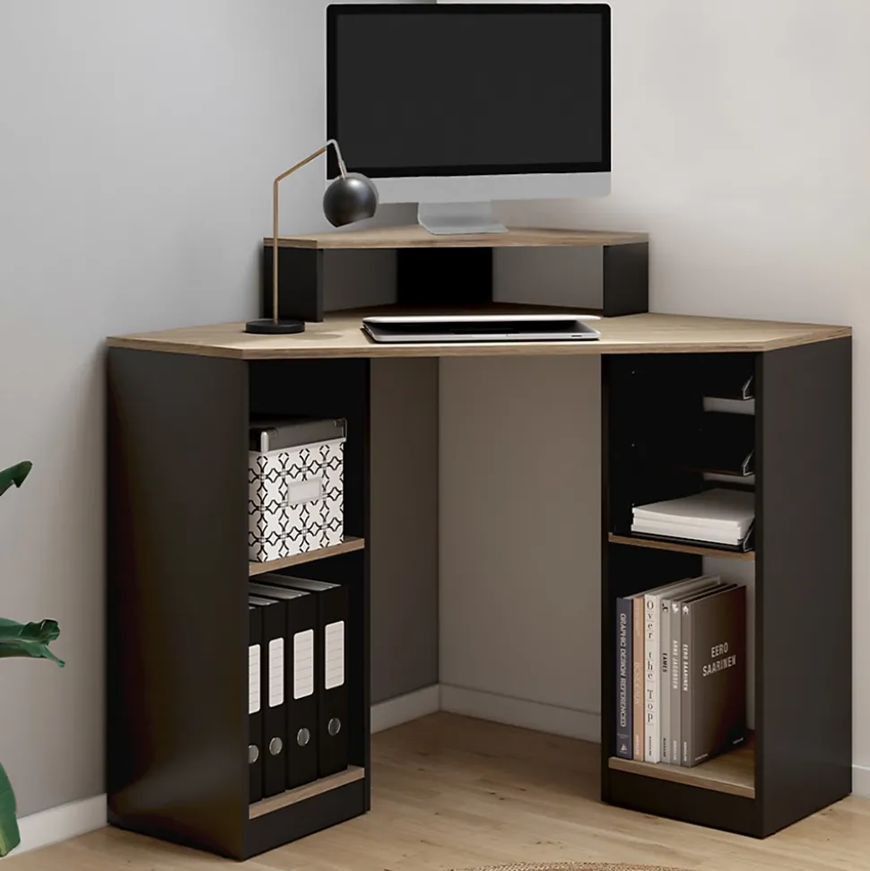 Bureau d'angle HARRY noir et façon hêtre gain de place bureau informatique avec rangements