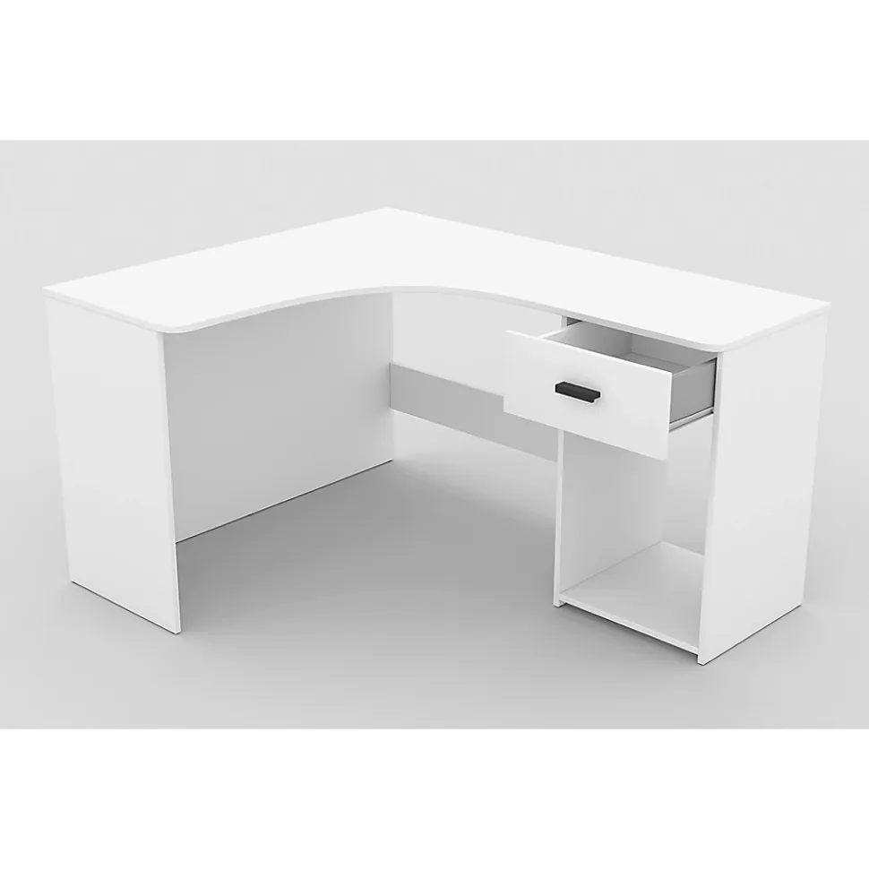 Bureau dangle LOUANE Blanc mat Design moderne avec caisson et niche de rangement