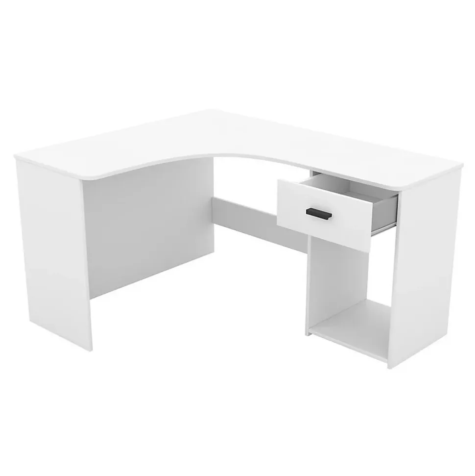 Bureau dangle LOUANE Blanc mat Design moderne avec caisson et niche de rangement