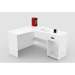 Bureau dangle LOUANE Blanc mat Design moderne avec caisson et niche de rangement
