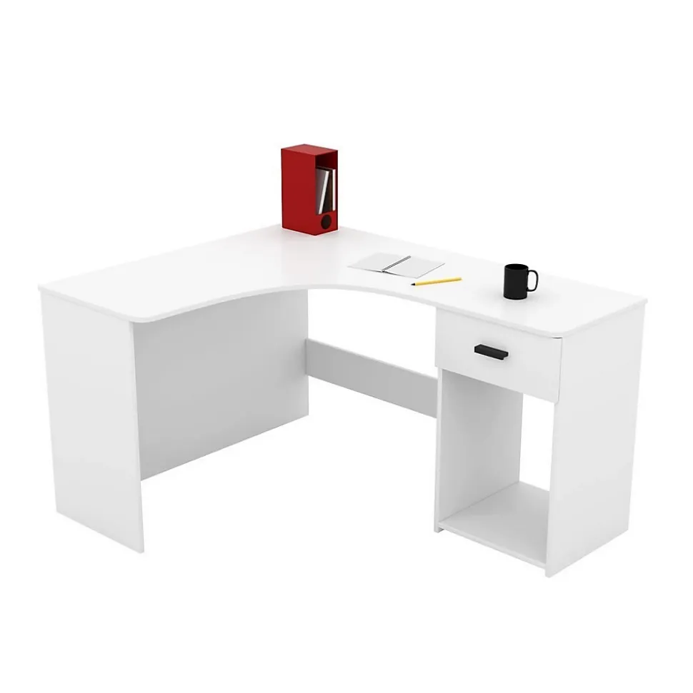 Bureau dangle LOUANE Blanc mat Design moderne avec caisson et niche de rangement
