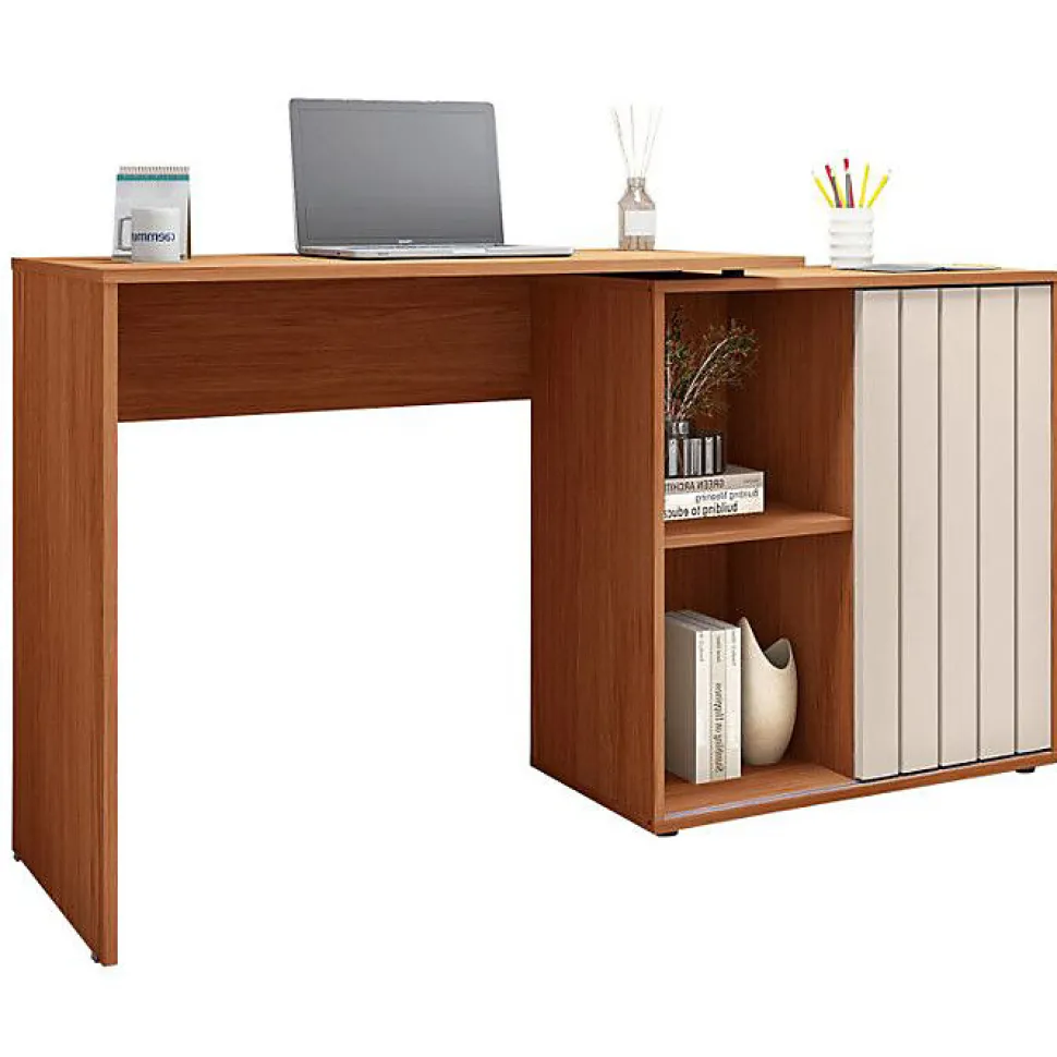 Bureau d'angle Miel et Blanc Armoirette 1 Porte 3 Niches L 139.9 H 75 P 45.1 cm - L 139.9 x l 45.1 x H 75 cm