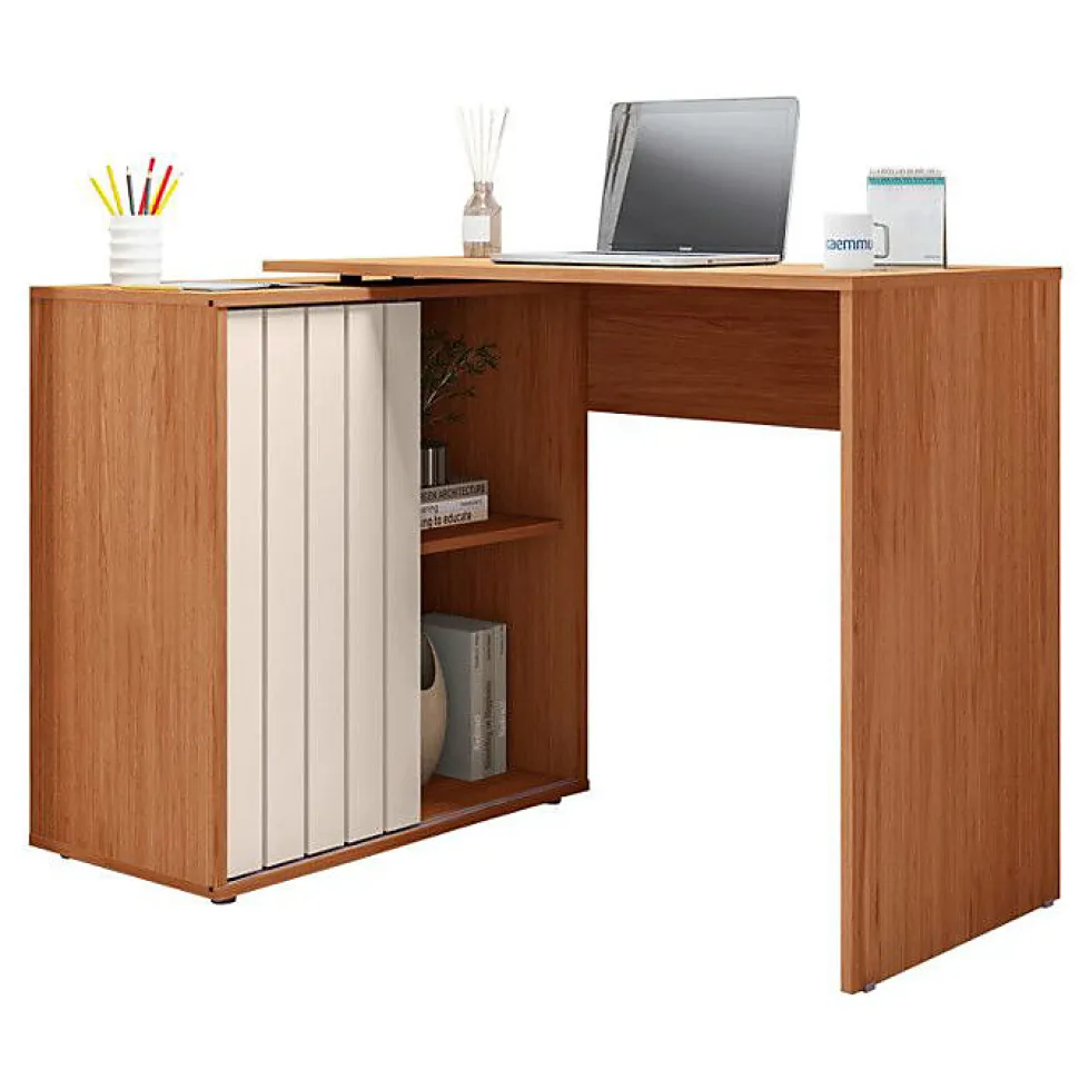 Bureau d'angle Miel et Blanc Armoirette 1 Porte 3 Niches L 139.9 H 75 P 45.1 cm - L 139.9 x l 45.1 x H 75 cm