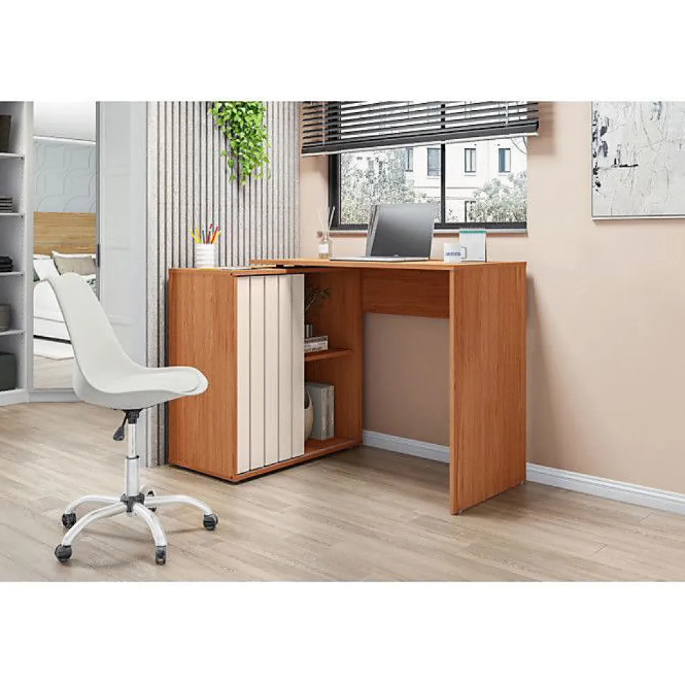 Bureau d'angle Miel et Blanc Armoirette 1 Porte 3 Niches L 139.9 H 75 P 45.1 cm - L 139.9 x l 45.1 x H 75 cm