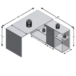 Bureau d'Angle Modulable avec Caisson, Tiroir et Étagères de Rangements - Lex