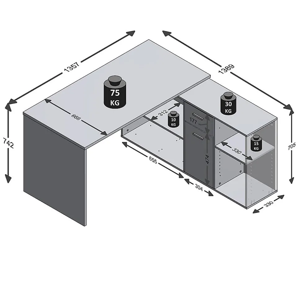 Bureau d'Angle Modulable avec Caisson, Tiroir et Étagères de Rangements - Lex