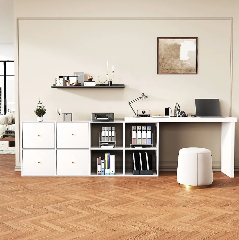 Bureau d'angle pivotant - Plateau pivotant à 360 degrés - 4 compartiments et 4 tiroirs - Plateau et pieds renforcés - MDF - Blanc