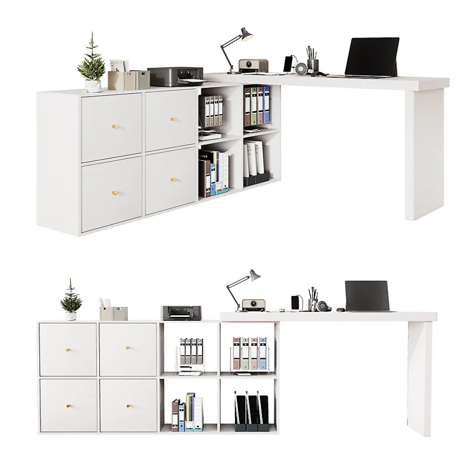 Bureau d'angle pivotant - Plateau pivotant à 360 degrés - 4 compartiments et 4 tiroirs - Plateau et pieds renforcés - MDF - Blanc