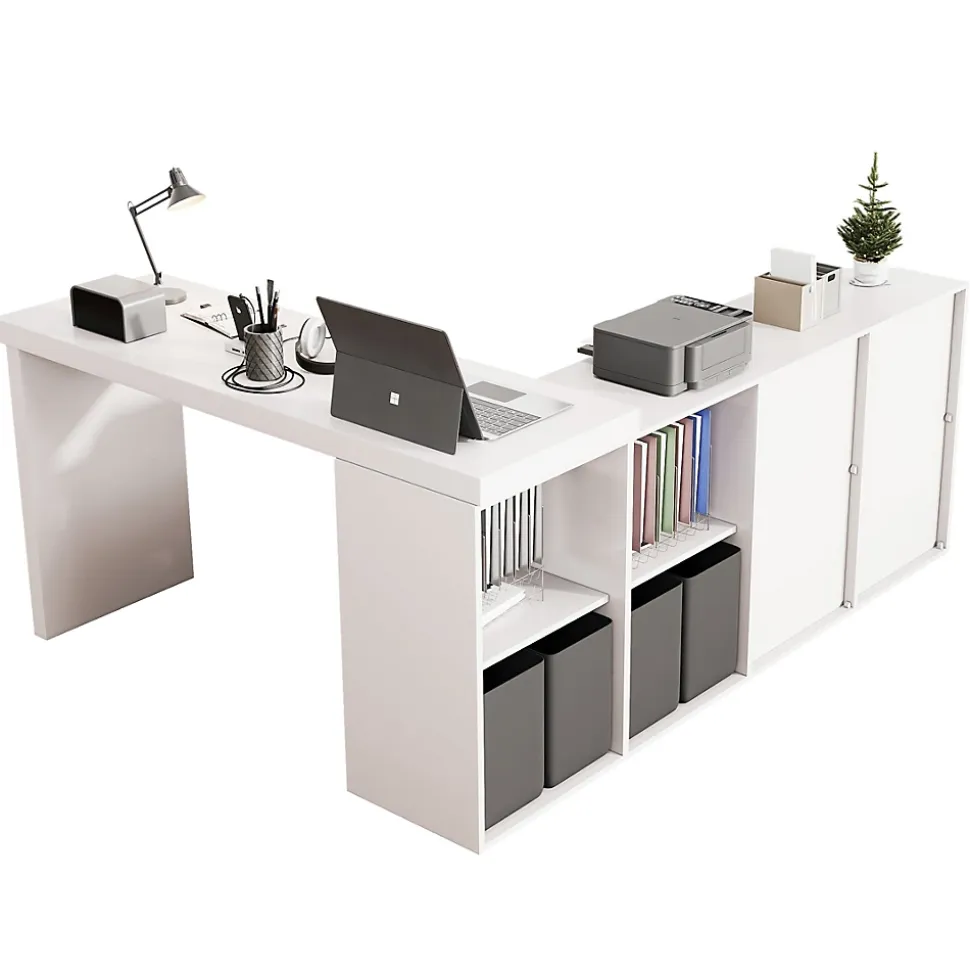 Bureau d'angle pivotant - Plateau pivotant à 360 degrés - 4 compartiments et 4 tiroirs - Plateau et pieds renforcés - MDF - Blanc