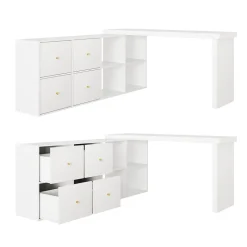 Bureau d'angle pivotant - Plateau pivotant à 360 degrés - 4 compartiments et 4 tiroirs - Plateau et pieds renforcés - MDF - Blanc