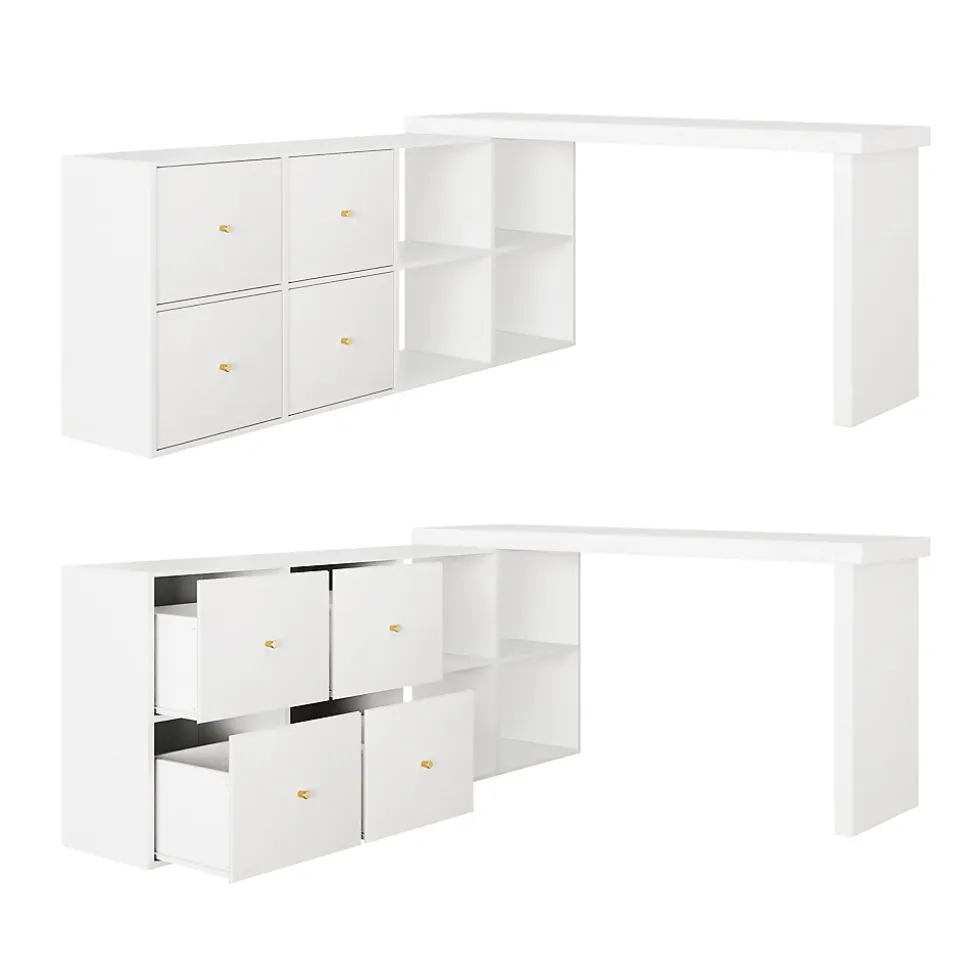 Bureau d'angle pivotant - Plateau pivotant à 360 degrés - 4 compartiments et 4 tiroirs - Plateau et pieds renforcés - MDF - Blanc