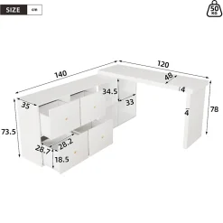 Bureau d'angle pivotant - Plateau pivotant à 360 degrés - 4 compartiments et 4 tiroirs - Plateau et pieds renforcés - MDF - Blanc