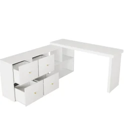 Bureau d'angle pivotant - Plateau pivotant à 360 degrés - 4 compartiments et 4 tiroirs - Plateau et pieds renforcés - MDF - Blanc