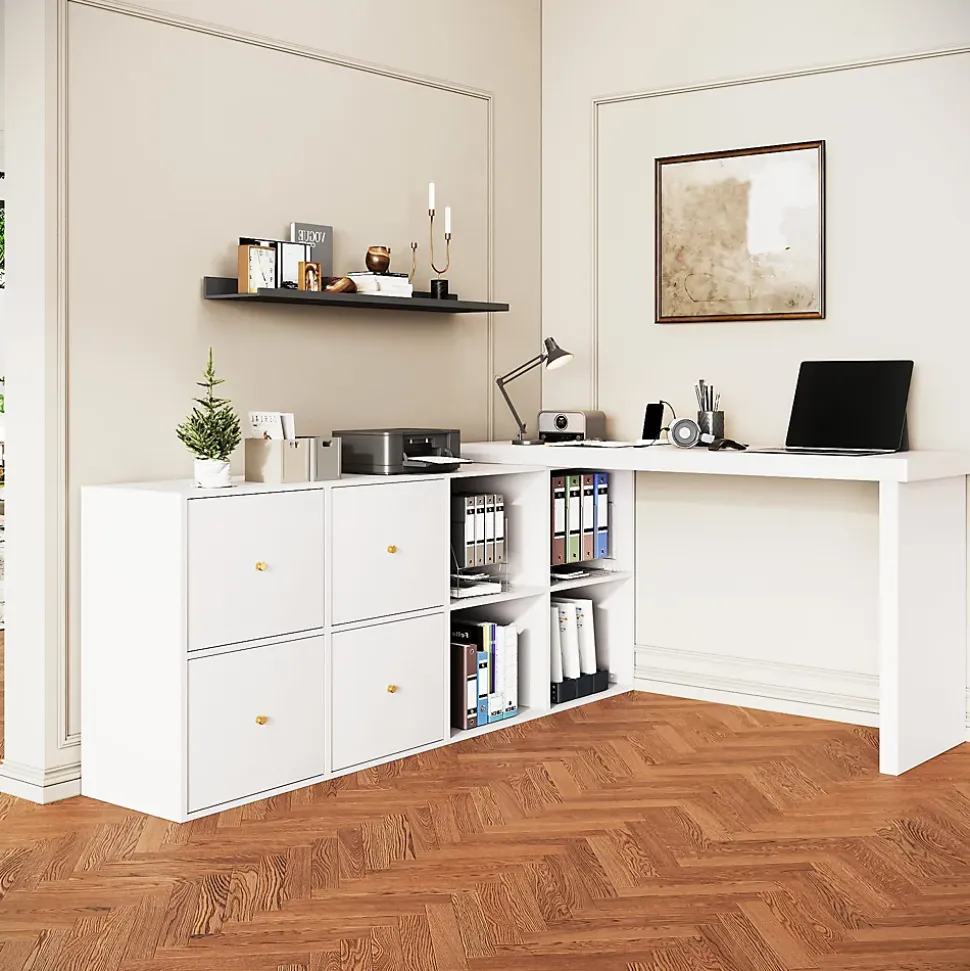 Bureau d'angle pivotant - Plateau pivotant à 360 degrés - 4 compartiments et 4 tiroirs - Plateau et pieds renforcés - MDF - Blanc