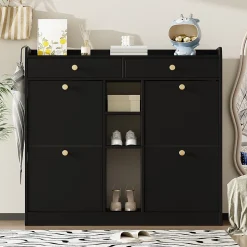 Bureau d'angle pliable 2-en-1 avec buffet, chargeur sans fil, roulettes et sécurité anti-basculement, blanc brillant, 115x27x93 cm