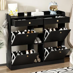 Bureau d'angle pliable 2-en-1 avec buffet, chargeur sans fil, roulettes et sécurité anti-basculement, blanc brillant, 115x27x93 cm