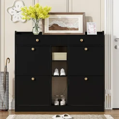 Bureau d'angle pliable 2-en-1 avec buffet, chargeur sans fil, roulettes et sécurité anti-basculement, blanc brillant, 115x27x93 cm