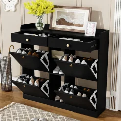 Bureau d'angle pliable 2-en-1 avec buffet, chargeur sans fil, roulettes et sécurité anti-basculement, blanc brillant, 115x27x93 cm