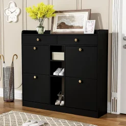 Bureau d'angle pliable 2-en-1 avec buffet, chargeur sans fil, roulettes et sécurité anti-basculement, blanc brillant, 115x27x93 cm