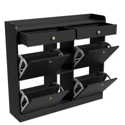 Bureau d'angle pliable 2-en-1 avec buffet, chargeur sans fil, roulettes et sécurité anti-basculement, blanc brillant, 115x27x93 cm