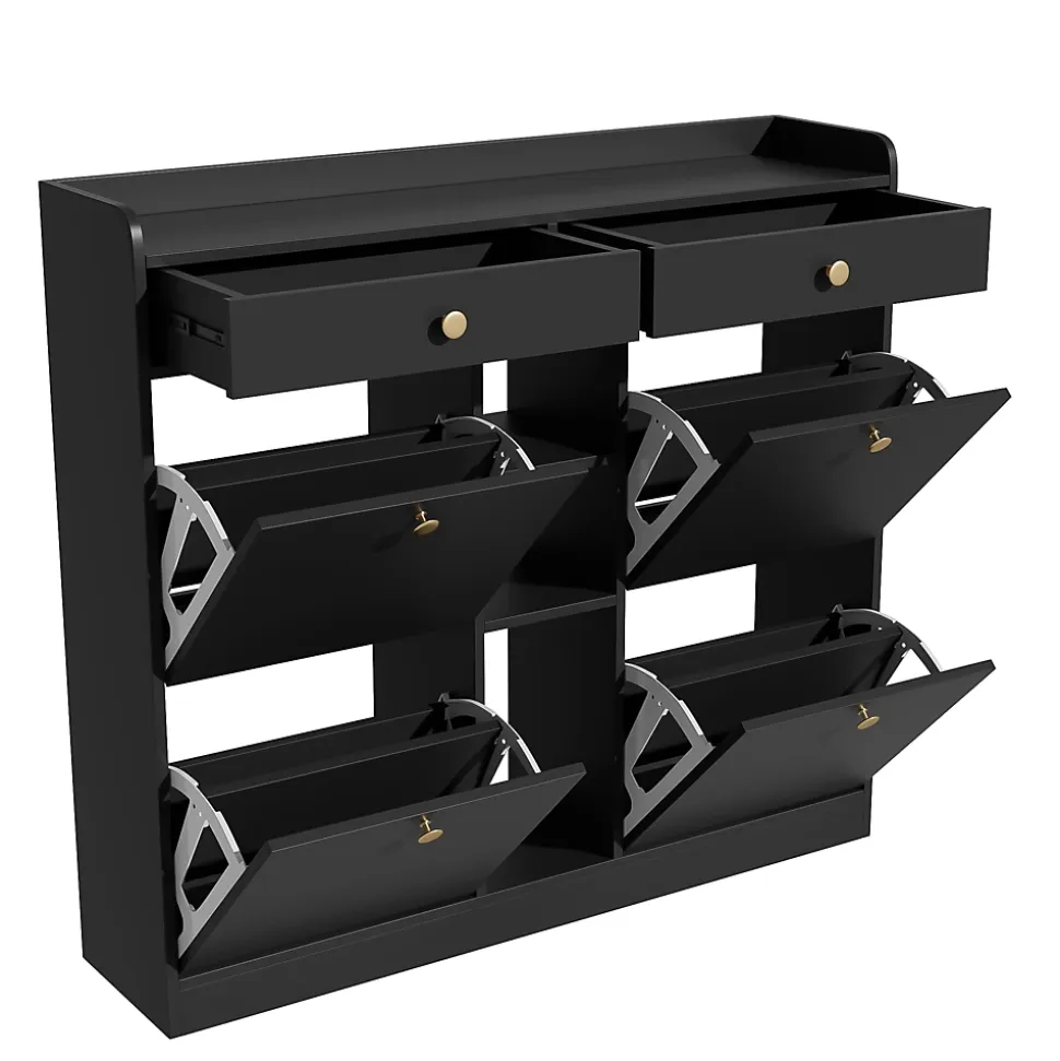Bureau d'angle pliable 2-en-1 avec buffet, chargeur sans fil, roulettes et sécurité anti-basculement, blanc brillant, 115x27x93 cm