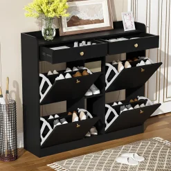 Bureau d'angle pliable 2-en-1 avec buffet, chargeur sans fil, roulettes et sécurité anti-basculement, blanc brillant, 115x27x93 cm
