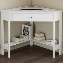Bureau d'angle REMI blanc gain de place bureau informatique avec rangements et 1 tiroir