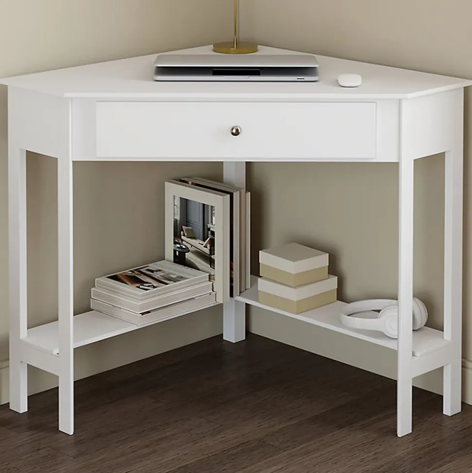 Bureau d'angle REMI blanc gain de place bureau informatique avec rangements et 1 tiroir