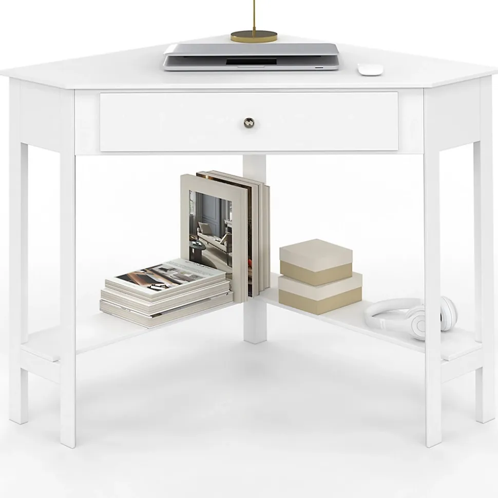 Bureau d'angle REMI blanc gain de place bureau informatique avec rangements et 1 tiroir
