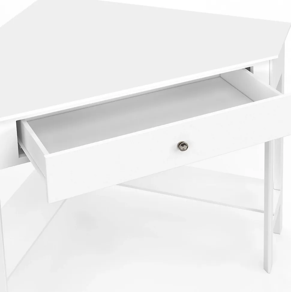 Bureau d'angle REMI blanc gain de place bureau informatique avec rangements et 1 tiroir