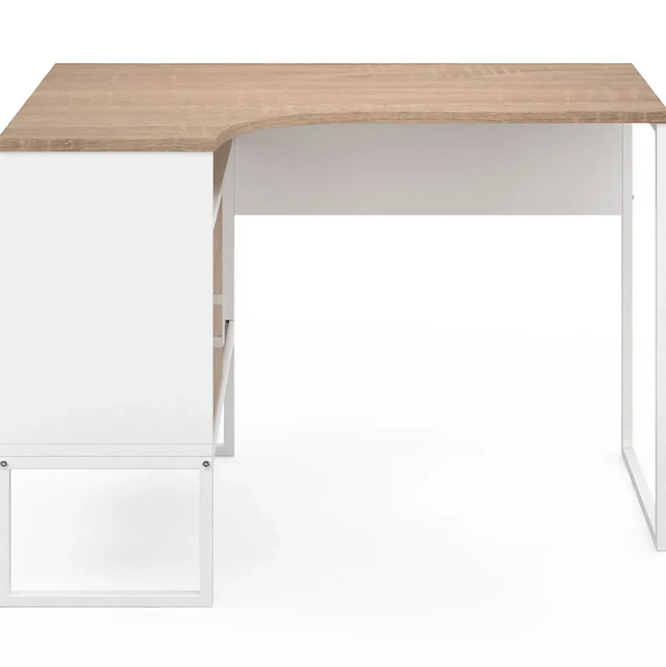 Bureau d'angle ROB blanc et façon hêtre niche de rangement et porte design industriel