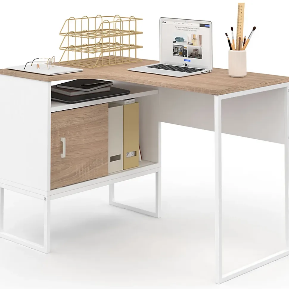 Bureau d'angle ROB blanc et façon hêtre niche de rangement et porte design industriel