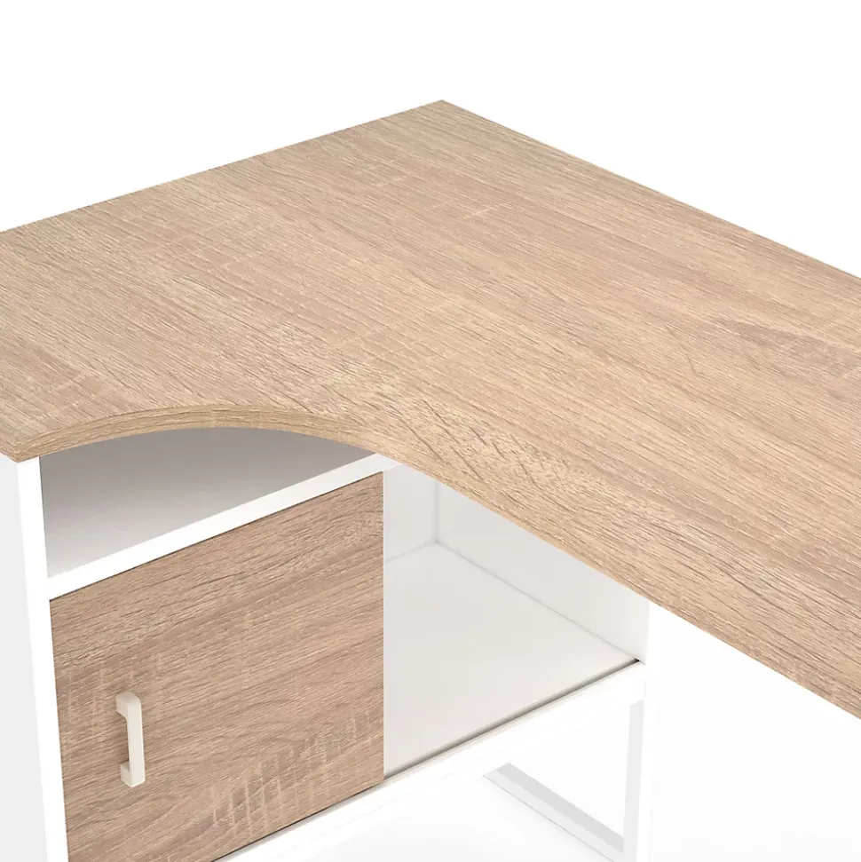Bureau d'angle ROB blanc et façon hêtre niche de rangement et porte design industriel